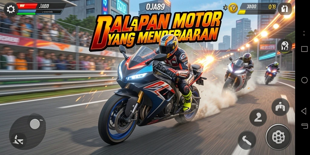 Gameplay OJA89 dengan balapan motor yang seru dan mendebarkan.
